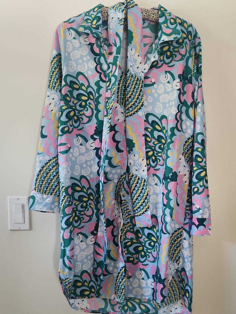 Spoon Button Front Long Sleeve Dress Waiste Belt In Blue Green Pink And White